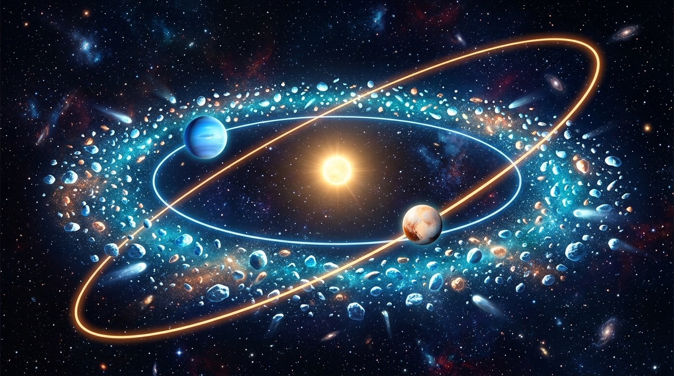 The Crowded Kuiper Belt. Starting in the 1990s, astronomers realized Pluto was not isolated. Telescopes uncovered the Kuiper Belt, a vast ring populated by thousands of icy miniature worlds beyond Neptune. Conceptual illustration.