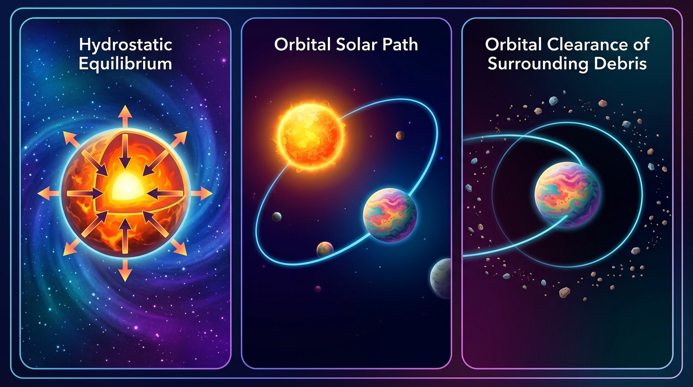 The Three Planetary Criteria. In 2006, the IAU defined a planet as a body that orbits the Sun, is round from self-gravity, and clears its orbital neighborhood. Pluto met the first two, but failed the third. Conceptual illustration.
