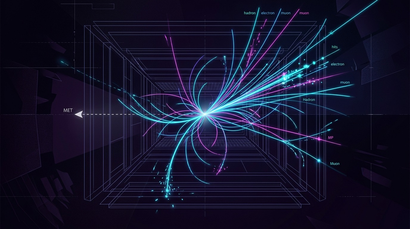 Collider Creation and Missing Energy. At CERN's Large Hadron Collider, physicists smash protons together to create dark particles. While invisible to sensors, their exit reveals itself through missing energy and momentum. Conceptual illustration.
