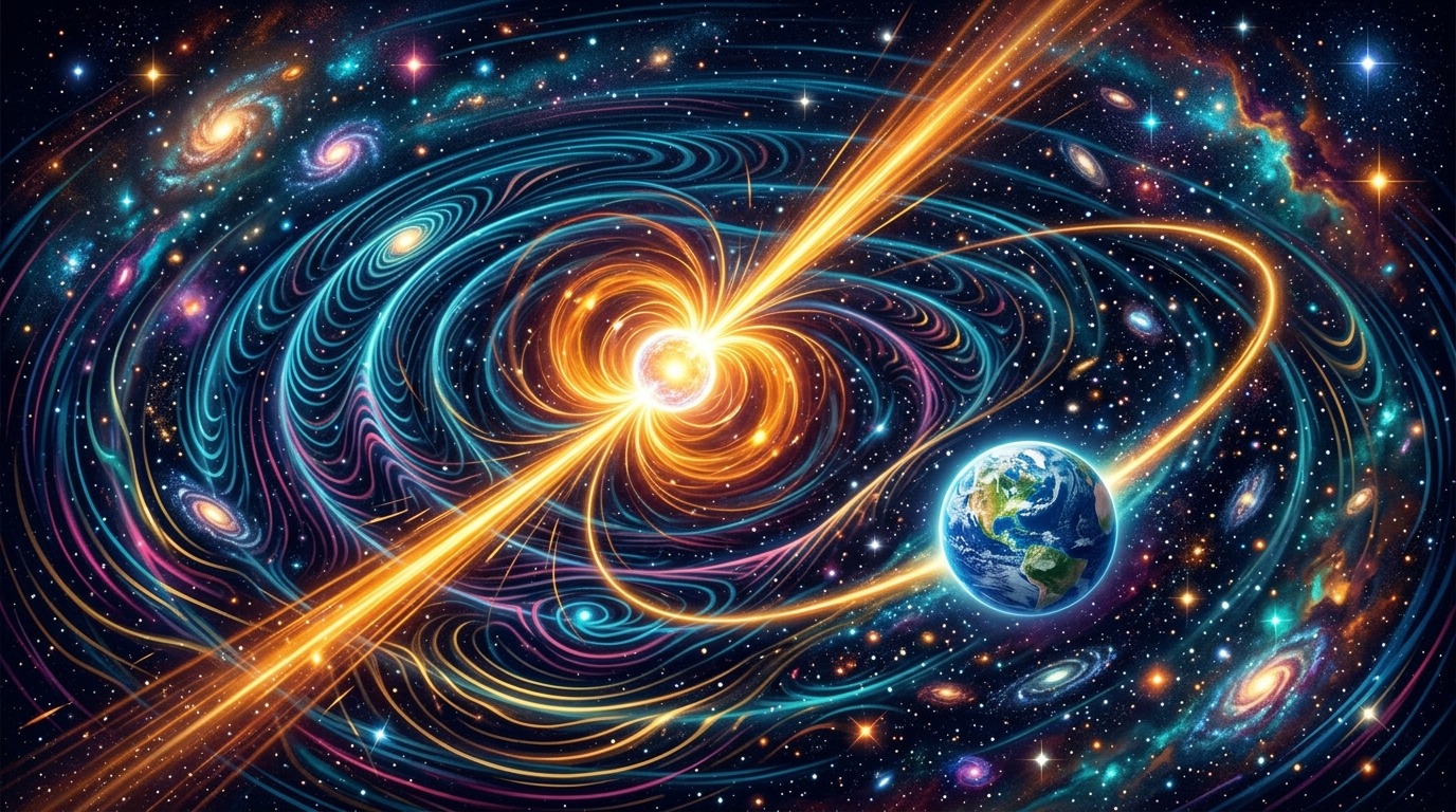 Galactic Pulsar Clocks. Four global arrays monitor rotating neutron stars whose radio pulses sweep past Earth like lighthouses. Gravitational waves from supermassive black hole mergers gently compress spacetime, altering pulse arrival times detected in 2023. Conceptual illustration.