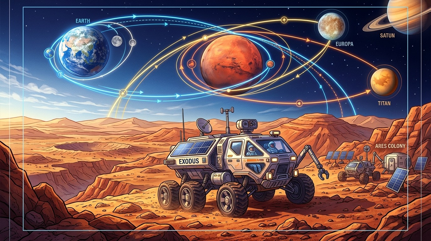 Preparing for Mars & Deep Space. Hackathon teams will model operational trade-offs for future human missions to Mars and robotic journeys to icy worlds like Europa and Titan, including astronaut health monitoring. Conceptual illustration.