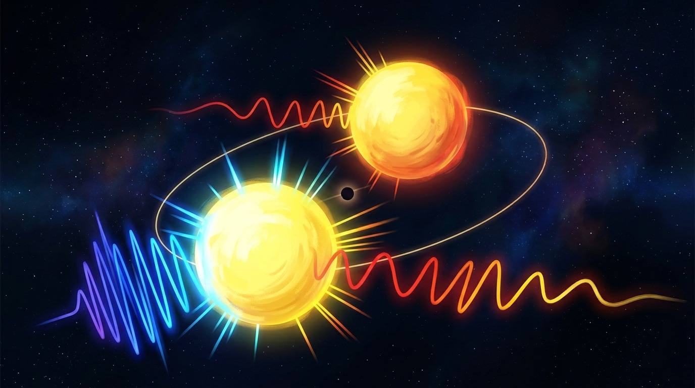The Radial Velocity Wobble. As an exoplanet and star orbit a shared center of mass, the star wobbles. This motion squeezes starlight toward blue wavelengths and stretches it toward red—the Doppler effect in action. Conceptual illustration.