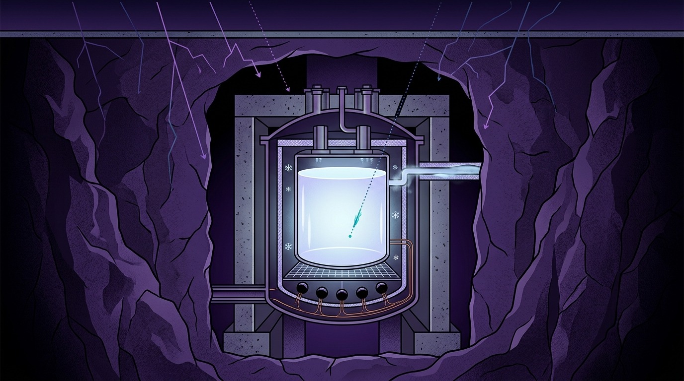 Underground Direct Detection. Operating shielded beneath miles of rock, instruments like LZ and SuperCDMS hunt for the faint recoil of an atomic nucleus struck by a passing dark matter particle. Conceptual illustration.