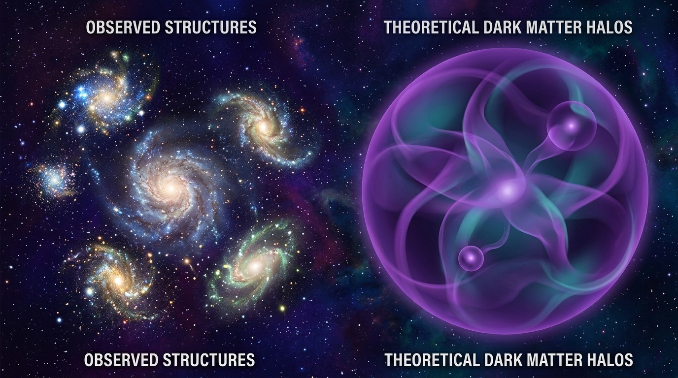 Testing Cosmological Frontiers. Standard cosmological models frequently struggle to match observational reality on small scales. Tracking low-mass satellites around nearby analogues provides empirical data to refine theories of dark matter and galaxy evolution. Conceptual illustration.