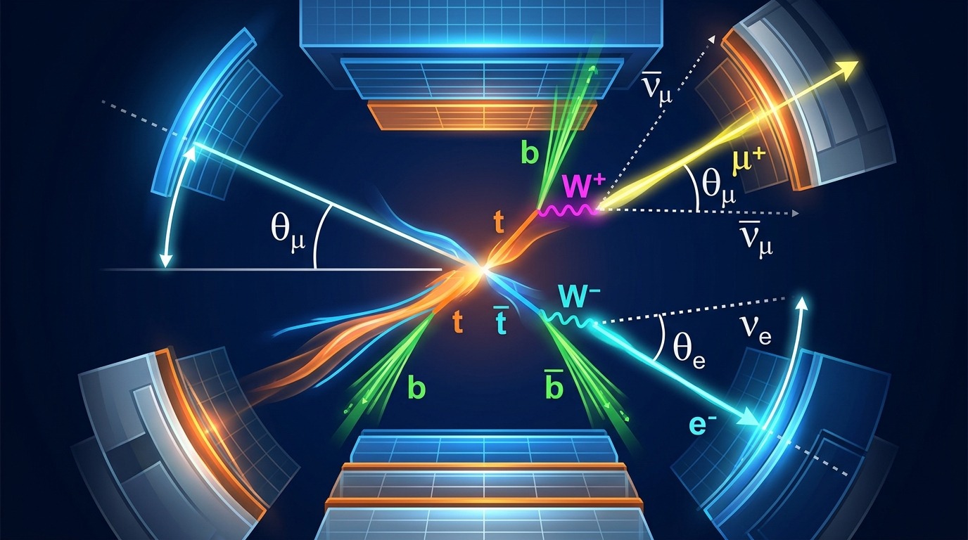 The Top Quark Messenger. Top quarks are the heaviest known fundamental particles. They decay in 10⁻²⁵ seconds—faster than they can bind—transferring their spin directly to their decay particles. Conceptual illustration.