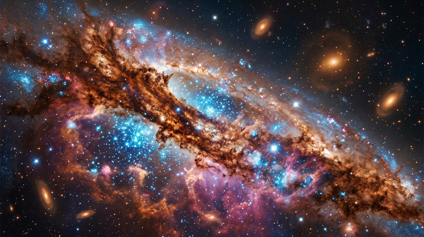 Dust Lanes and Newborn Clusters. Dark, rusty-brown dust lanes split the galactic plane lengthwise. Embedded within them, vivid blue knots reveal active pockets where newborn stars ignite out of dense interstellar gas clouds. Conceptual illustration.