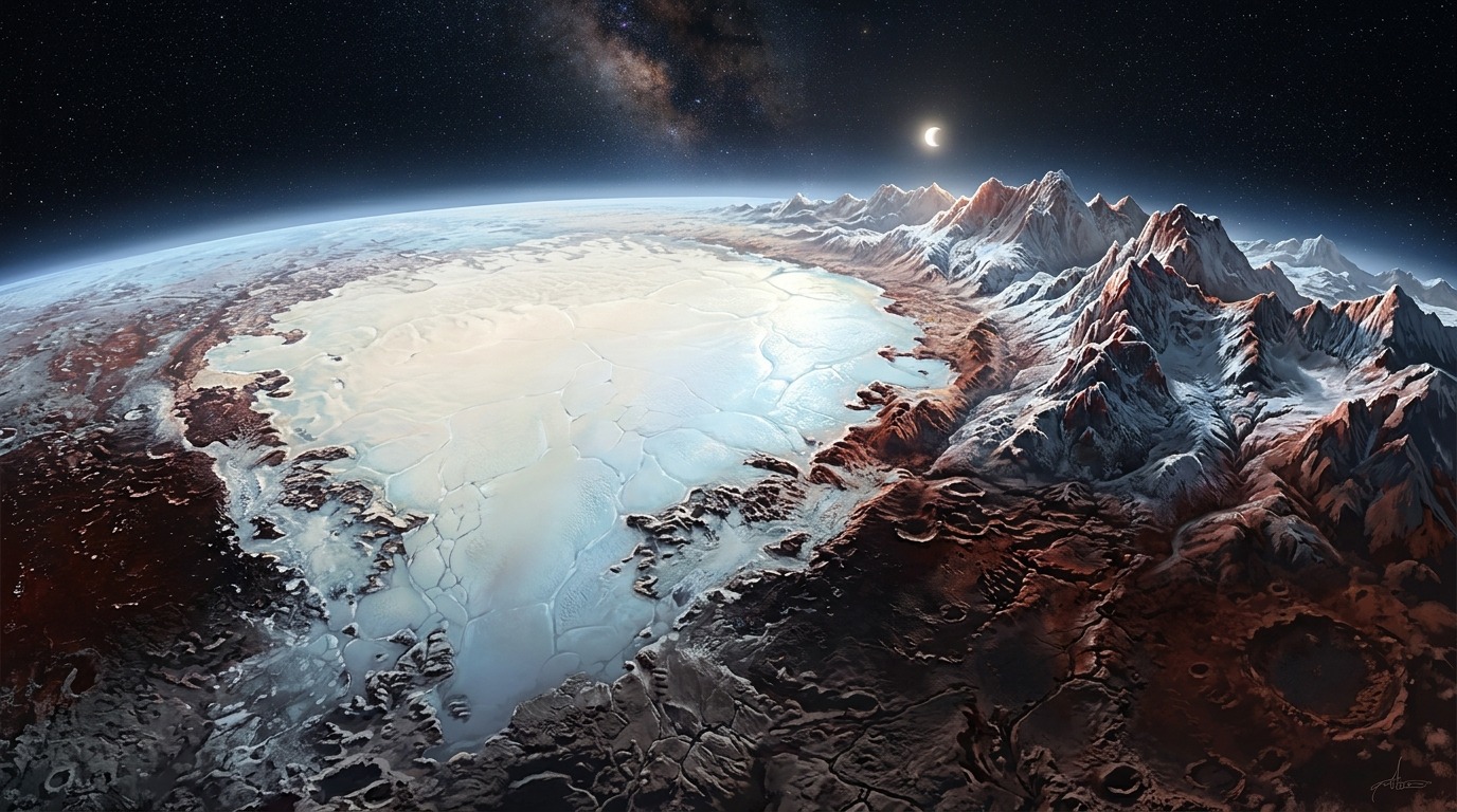 New Horizons Reveals a Dynamic World. In 2015, NASA's New Horizons spacecraft flew past Pluto, revealing towering water-ice peaks, churning nitrogen glaciers, and a complex system of five moons led by Charon. Conceptual illustration.