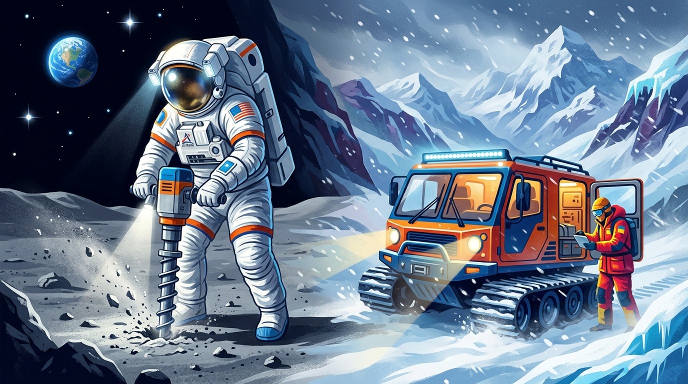 From Artemis to Earth. Beyond powering lunar rovers, drills, and spacesuits for Artemis, SPEARS technology offers resilient, fire-safe energy storage for electric vehicles, drones, and grid electronics on Earth. Conceptual illustration.