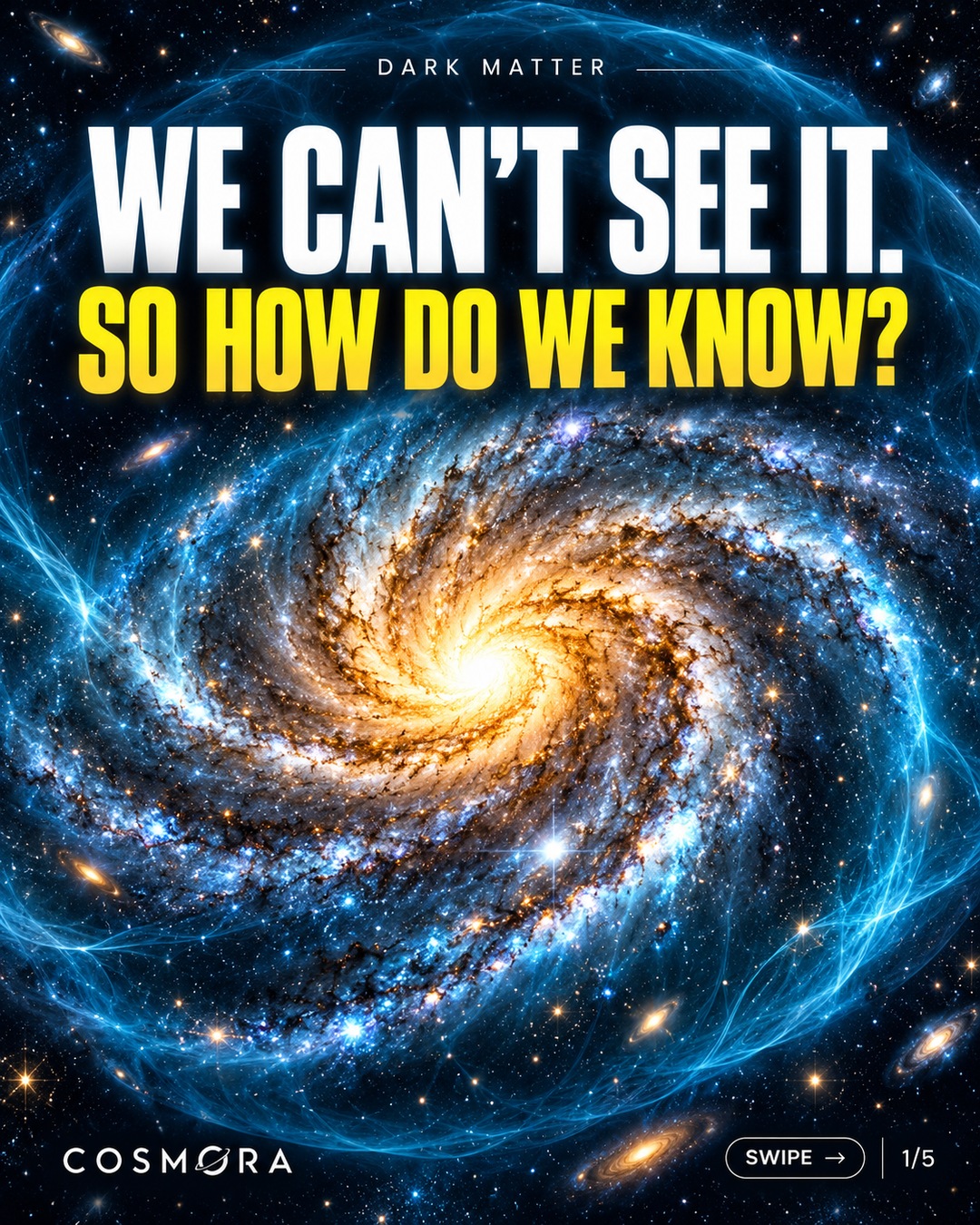We can't see it. So how do we know? Conceptual golden and blue spiral galaxy with an artistic halo. Dark matter cover, 1 of 5.
