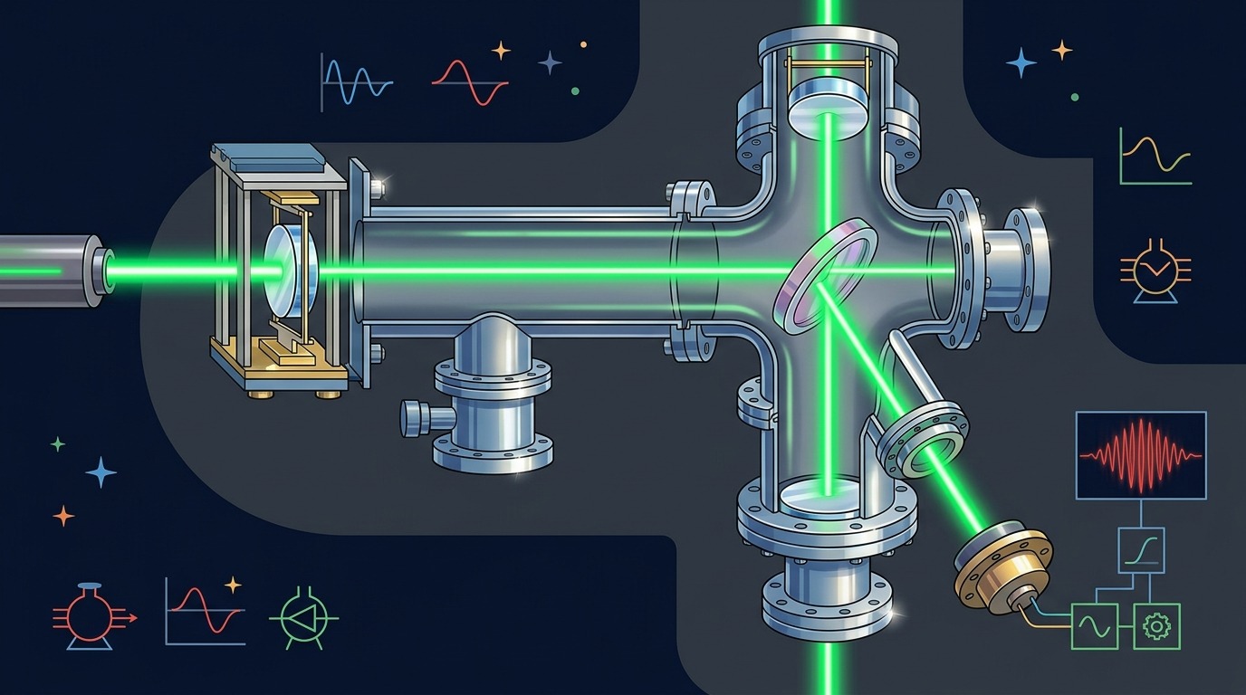 Kilometer-Scale Laser Traps. LIGO, Virgo, and KAGRA split laser beams down multi-kilometer vacuum arms. Mirrors bounce the light roughly 300 times—extending paths to 1,200 km—so tiny shifts in arm length create telltale interference patterns when spacetime ripples pass through. Conceptual illustration.