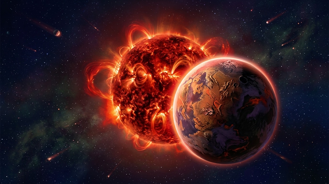 The Red Dwarf Dilemma. Red dwarfs make up about 75 percent of the stars in the Milky Way, but their habitable zones lie exceedingly close. Rocky worlds orbiting there endure extreme X-ray and UV radiation up to hundreds of thousands of times greater than Earth receives. Conceptual illustration.