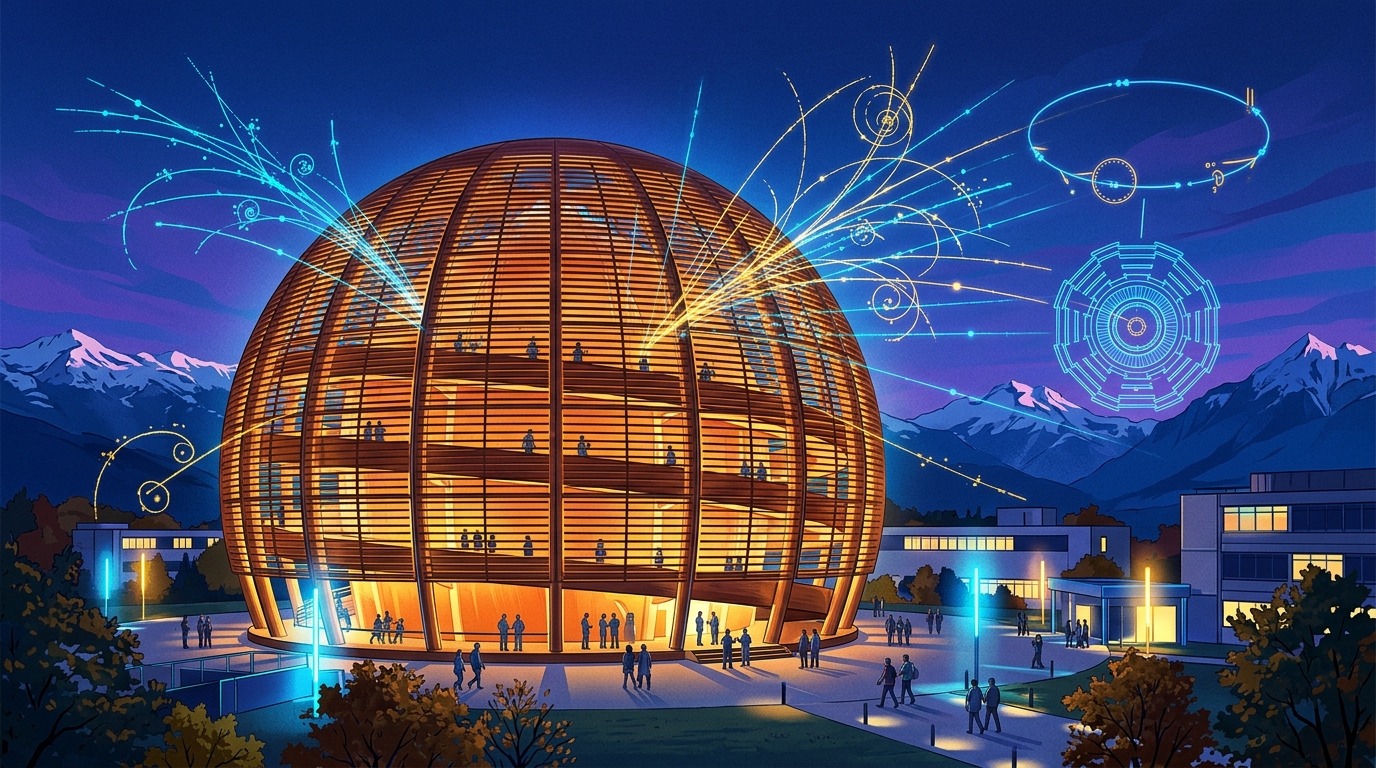 Artistic impression of the Globe of Science and Innovation at CERN at dusk, showcasing its distinctive timber dome illuminated with radiant warm interior lighting and framed by crisp, luminous projections of subatomic particle tracks and collider schematics. Rich contrasts, clear focal definition, and vibrant cyan and amber accents highlight the intersection of architecture, advanced instrumentation, and open inquiry.