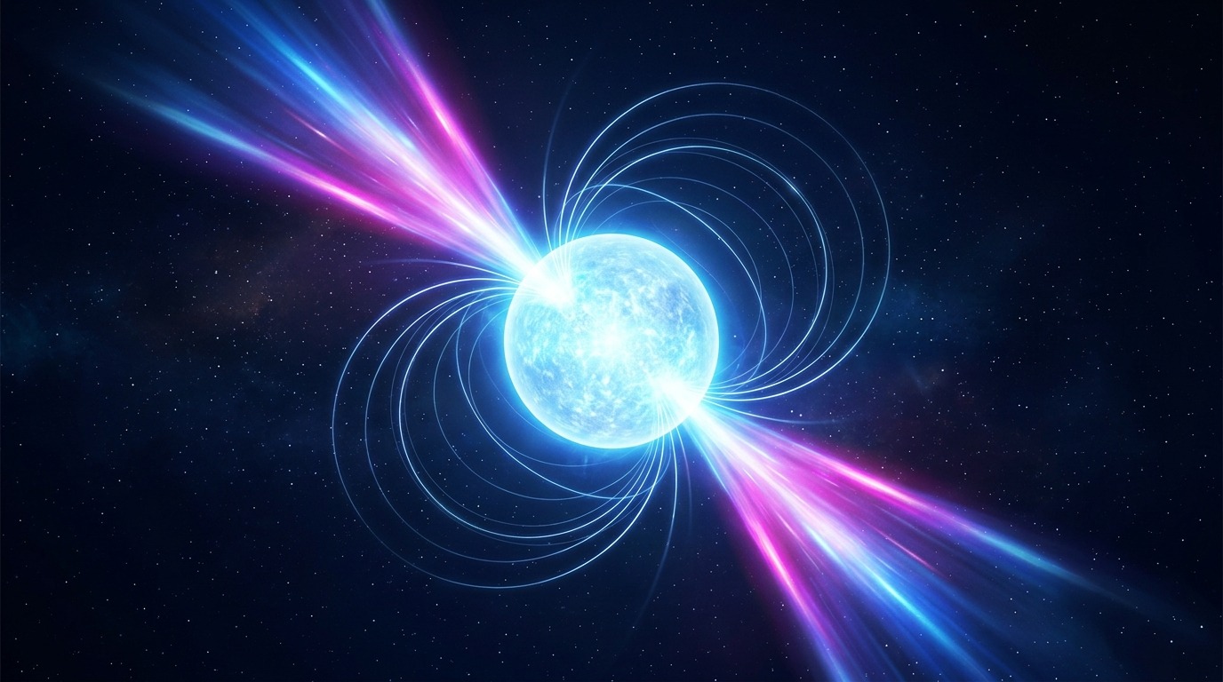 Artistic impression of a rapidly rotating pulsar in deep space. The focal subject is a glowing, compact neutron star sphere spanning only kilometers across, radiating intense blue-white surface thermal emission. Vivid, luminous conical beams of high-energy radiation sweep outward from its magnetic poles into the surrounding interstellar medium, casting brilliant magenta and electric blue highlights. Fine magnetic field lines loop around the equator in crisp, luminous arcs, with separated midtones keeping the structural geometry sharp and legible against a deep navy starfield. Clean, intentional directional lighting accentuates the spherical curvature and energetic polar outflows, avoiding muddy or flat textures. Designed in landscape 16:9 format for web display, clearly labeled as an artistic impression.
