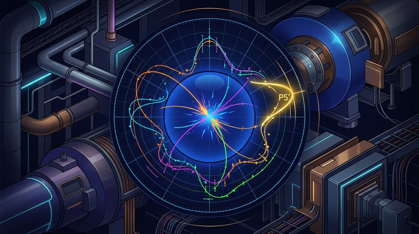 LHCb Measures Decay Angles. LHCb examined the P5' angular observable in neutral beauty meson decays using a model-independent analysis, confirming a persistent, slight tension with theoretical predictions. Conceptual illustration.