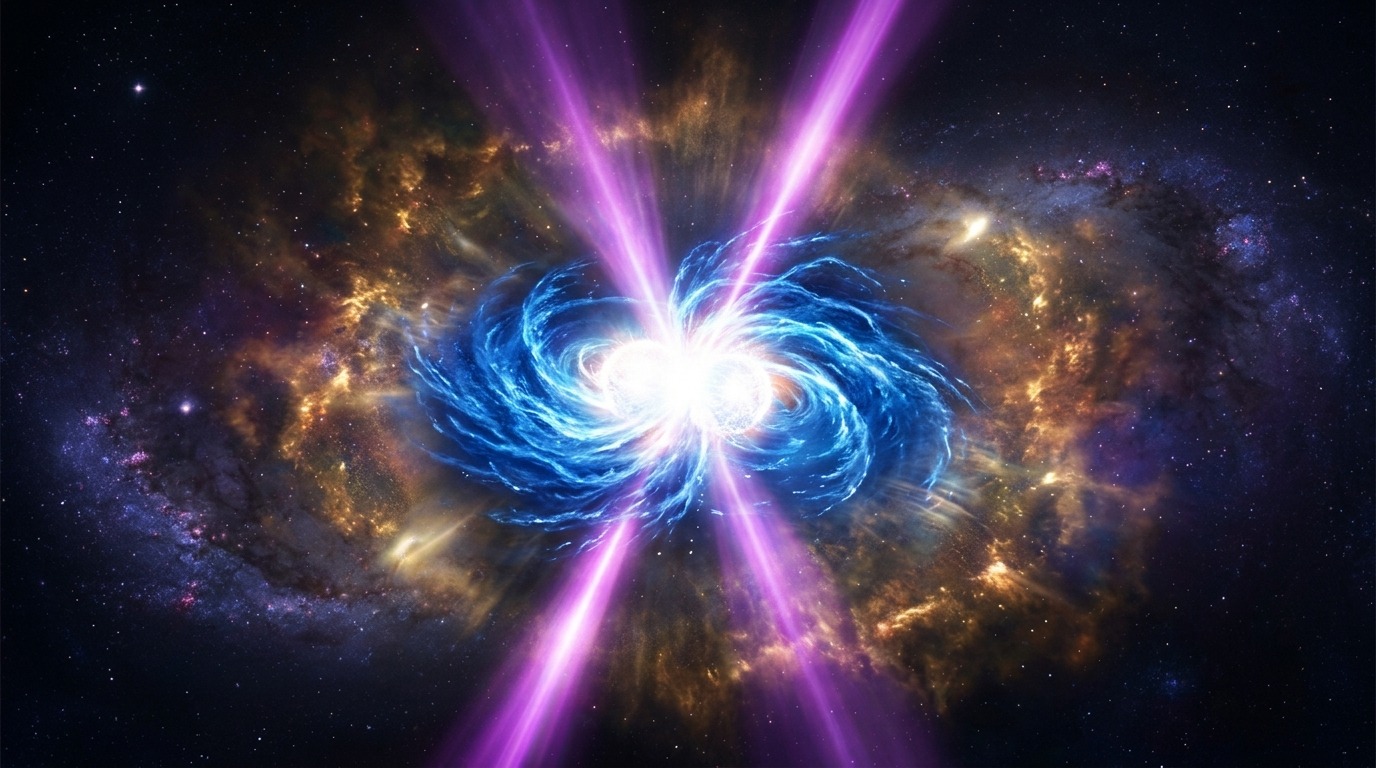 A Cosmic Multi-Messenger Clash. In 2017, the collision of two neutron stars triggered gravitational waves caught by LIGO and Virgo, followed just 1.7 seconds later by a gamma-ray burst and an optical kilonova observed across the electromagnetic spectrum by observatories like Hubble. Conceptual illustration.