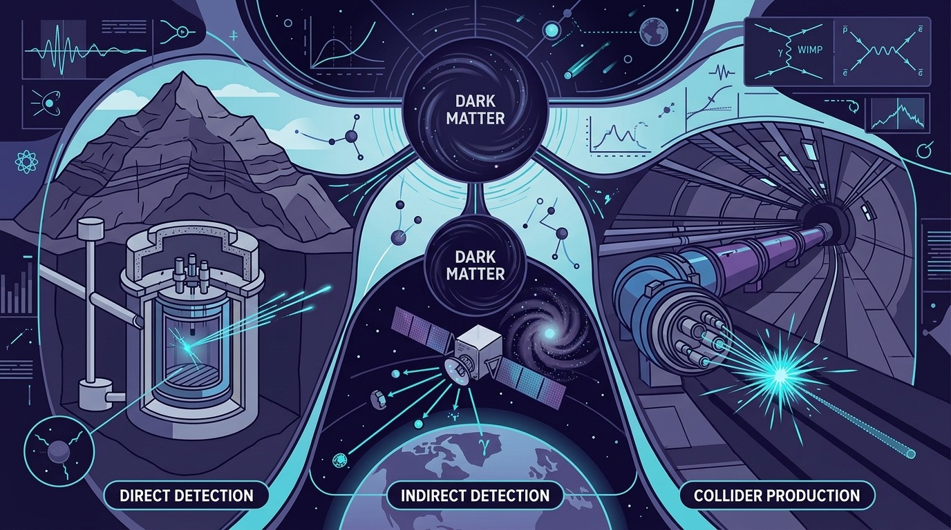 An informative conceptual diagram illustrating the three complementary experimental pillars of dark matter detection: direct detection deep underground, indirect detection via space-borne gamma-ray telescopes, and collider production at the Large Hadron Collider, rendered in clean scientific vector styling with deep indigo and vibrant cyan accents. Label as artistic impression.
