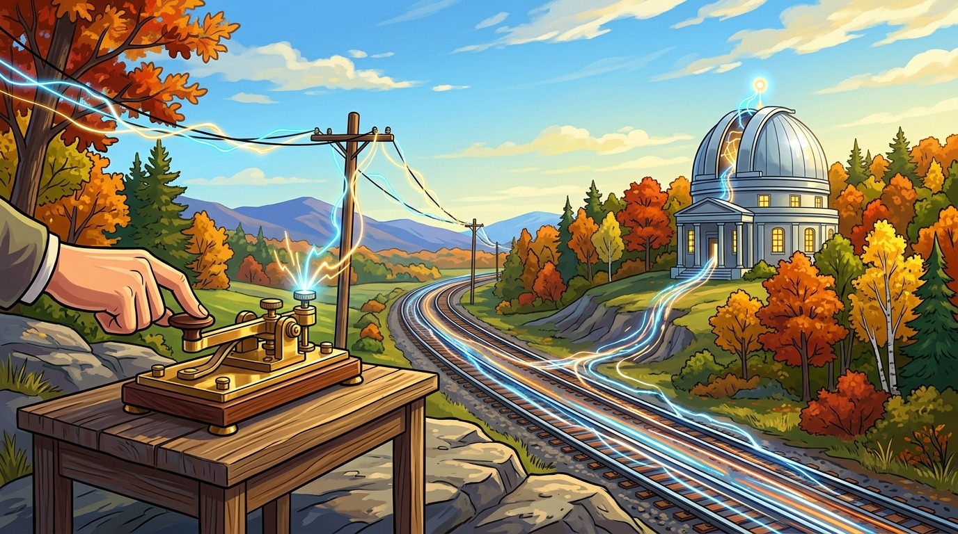 The Day of Two Noons. On November 18, 1883, observatories telegraphed noon signals nationwide. In numerous cities, bells struck twice—first for solar noon and then for standard railroad time—creating the historic 'Day of Two Noons'. Conceptual illustration.