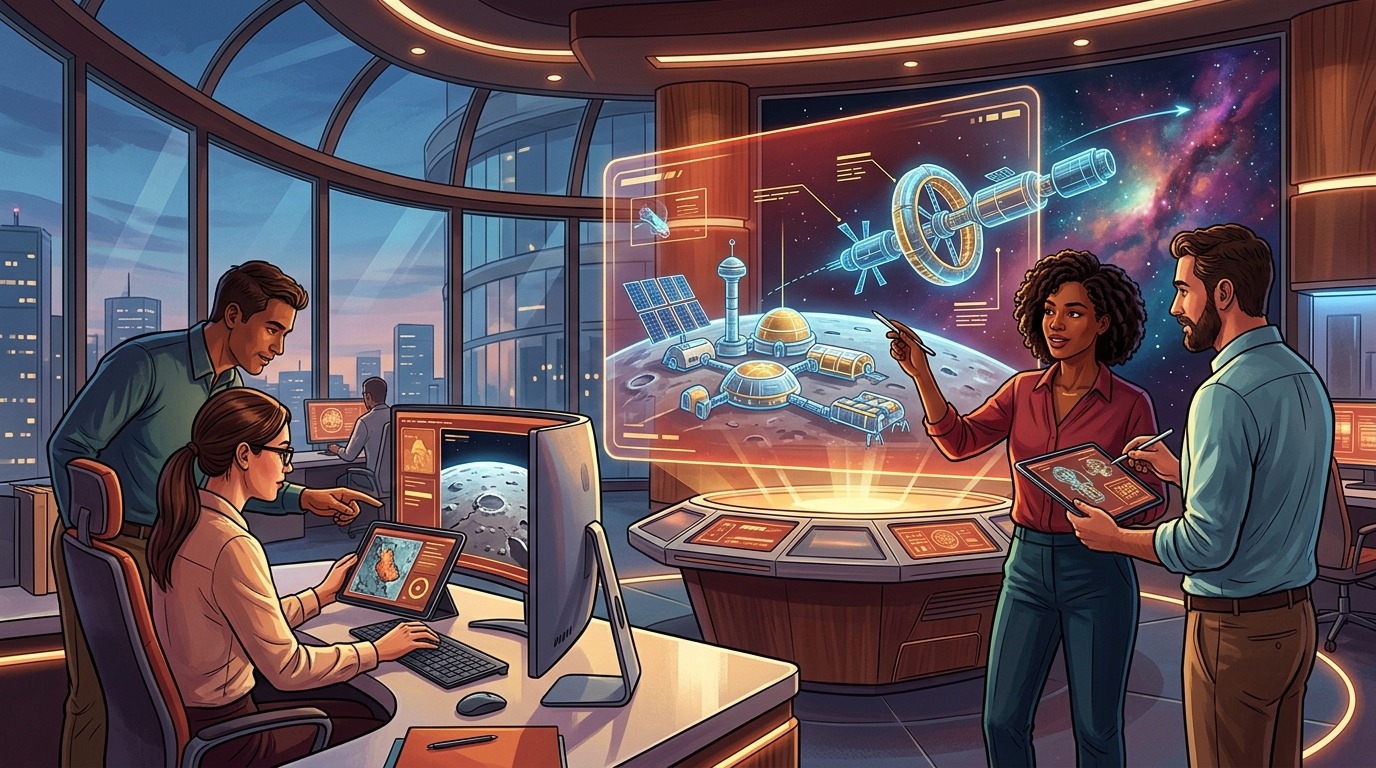 Open Science for Everyone. No coding experience is required. Technologists, designers, scientists, and storytellers can collaborate using NASA open datasets to pioneer interplanetary solutions. Conceptual illustration.