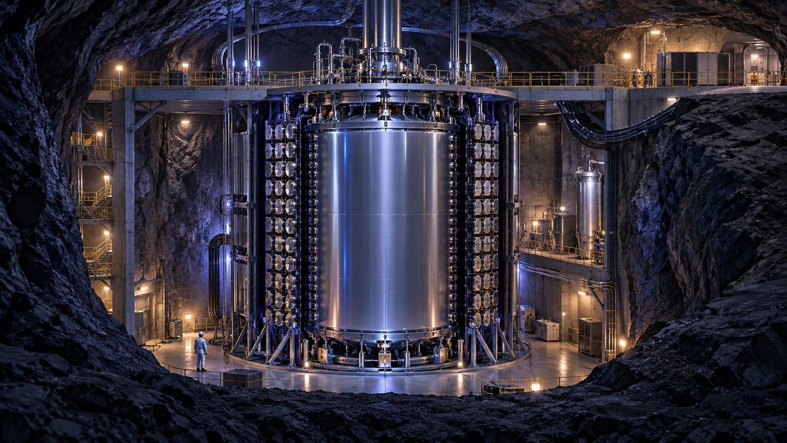 An imagined underground detector illustrates one approach to searching for interactions; it does not depict a specific experiment.