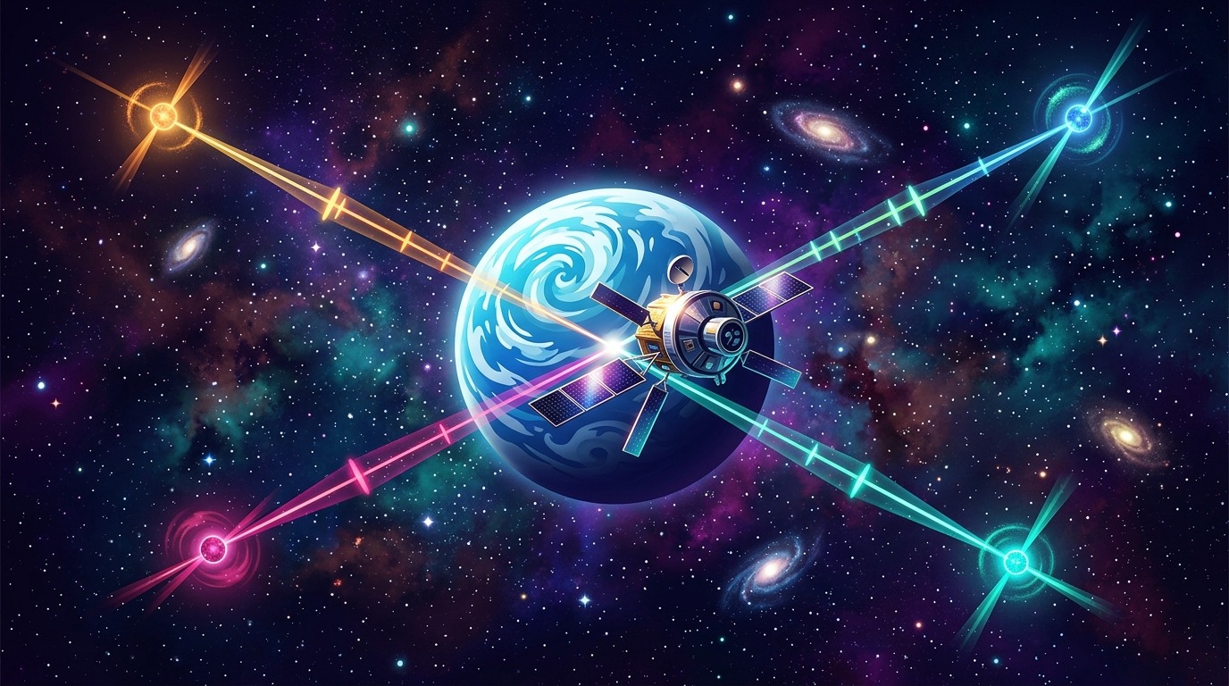 Nature's Celestial Clocks. Because their pulses are remarkably regular, pulsars can serve as deep-space navigation beacons, proven by the SEXTANT experiment on the International Space Station. Conceptual illustration.