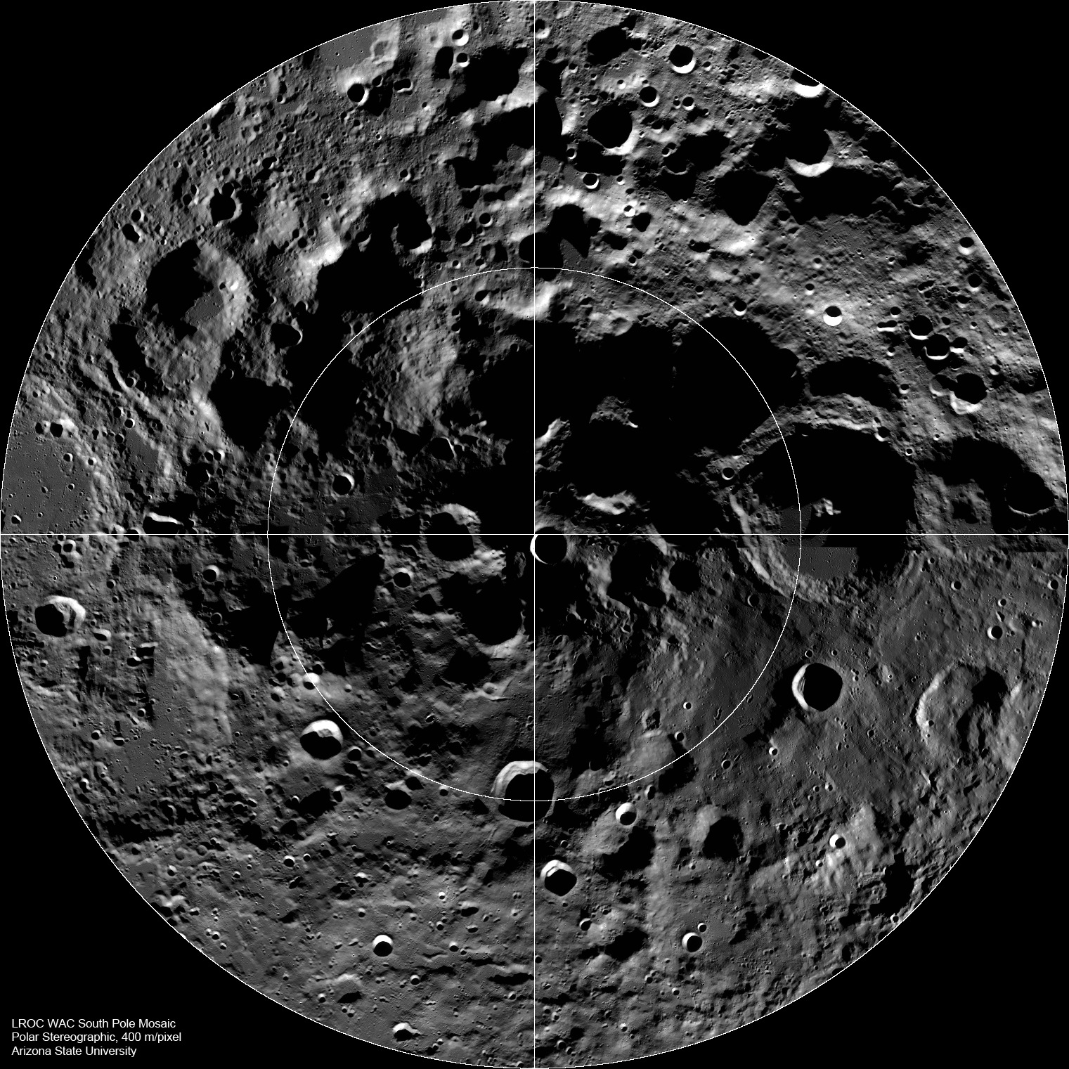 Destination: The Lunar South Pole. Related source image: The Lunar South Pole (LROC237 - SP Mosaic 400m grid1)