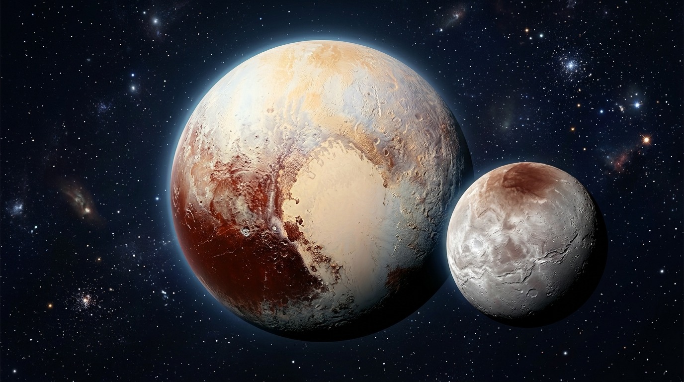 A vivid, cinematic illustration of Pluto and its giant moon Charon hanging in deep space. Luminous pale-amber sunlight catches the icy crests of water-ice mountain ranges and the smooth expanse of nitrogen plains on Pluto's curved limb, set against deep space with bright star clusters and the faint, glowing haze of its tenuous nitrogen atmosphere.