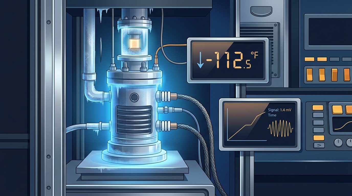 Tested in Extreme Cold. In thermal vacuum chamber trials, prototype coin cells operated effectively from 176°F down to -76°F, and sustained functional performance down to -112°F. Conceptual illustration.