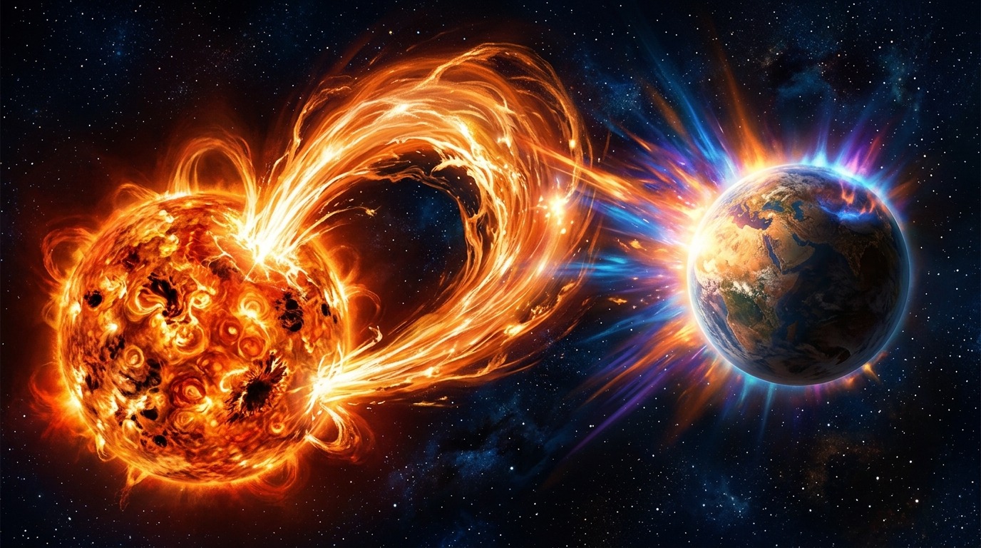Fierce Stellar Flares. Young red dwarfs frequently erupt with violent flares. These intense high-energy outbursts can blast away shielding atmospheres and sterilize planetary surfaces before nascent biology can take root. Conceptual illustration.