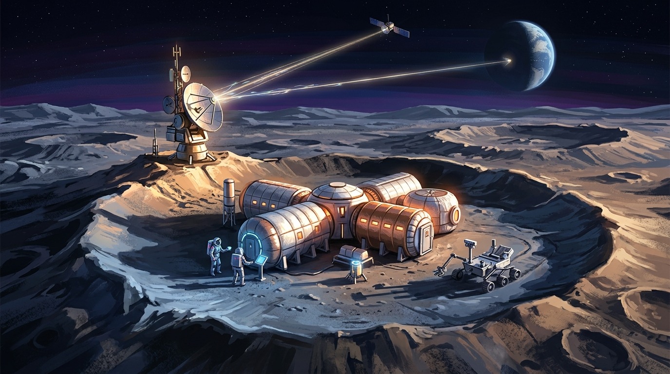 Designing Lunar Outposts. Participants will tackle real-world obstacles for the Artemis program and planned Moon Base, designing analytical models for South Pole lighting, communications, and long-duration stays. Conceptual illustration.