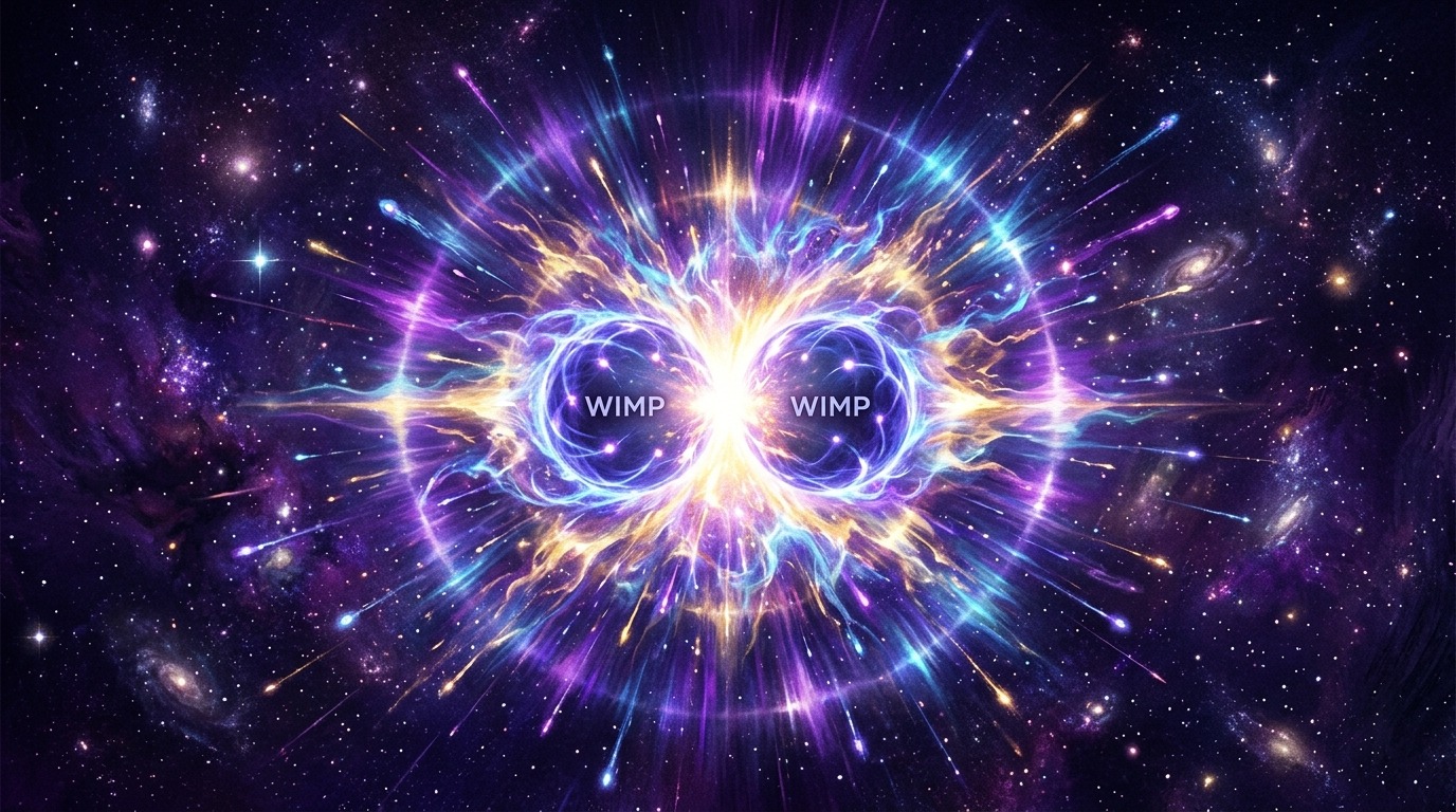 Indirect Detection from Orbit. When candidate particles like WIMPs meet in dense cosmic regions, they may mutually annihilate. Observatories like NASA's Fermi search space for the gamma rays produced in these collisions. Conceptual illustration.