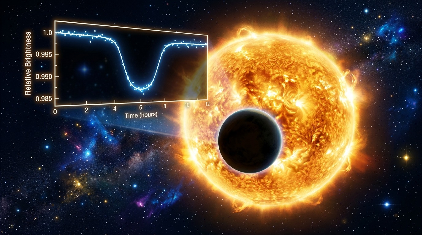 Transits and Light Curves. When a planet crosses between its host star and our line of sight, it blocks a fraction of starlight. Photometers record this periodic dip in a light curve to calculate orbital period and planet size. Conceptual illustration.