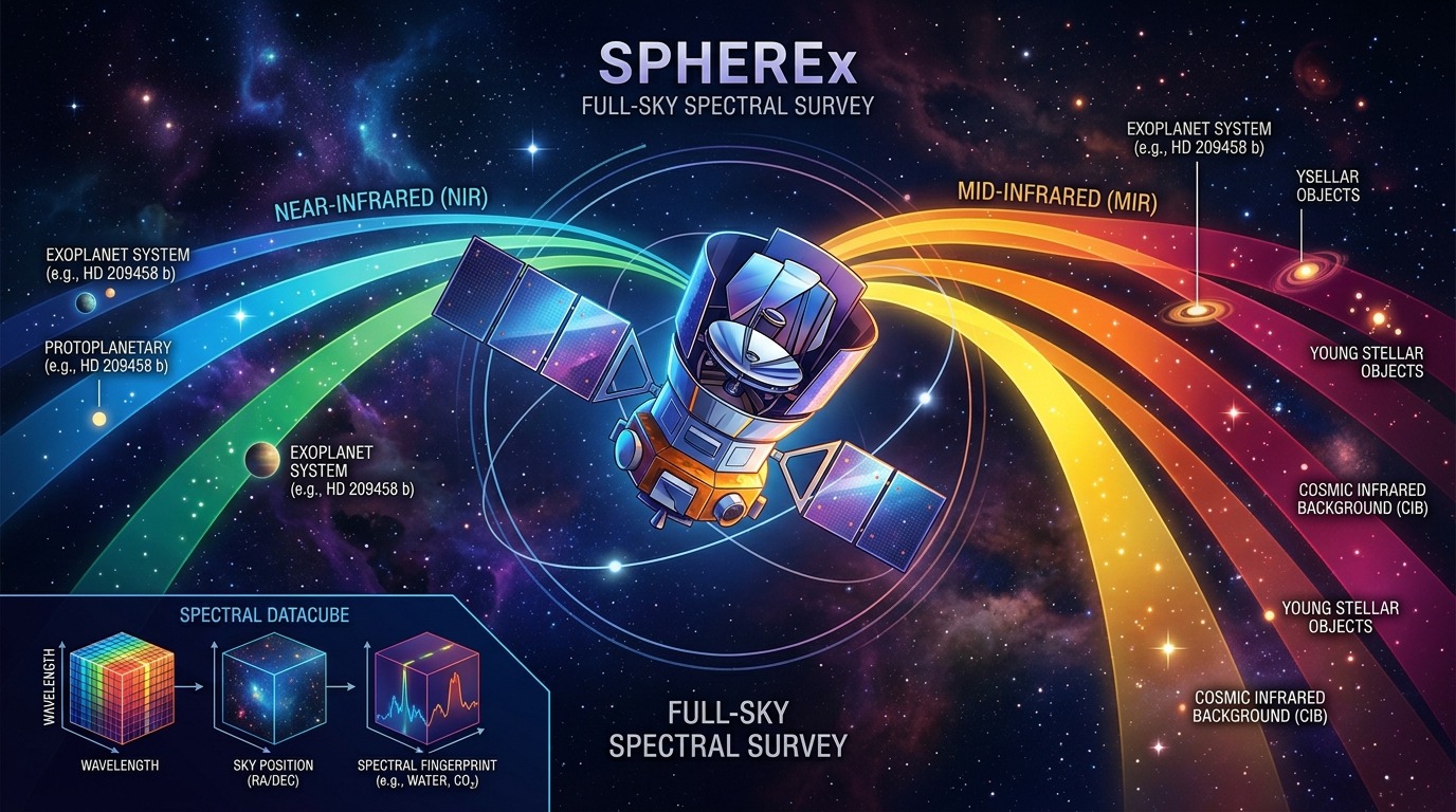 Unveiling the Cosmos with SPHEREx. Using open datasets from the SPHEREx mission's full-sky spectral survey, participants will craft novel tools to visualize cosmic evolution and map distant exoplanetary environments. Conceptual illustration.