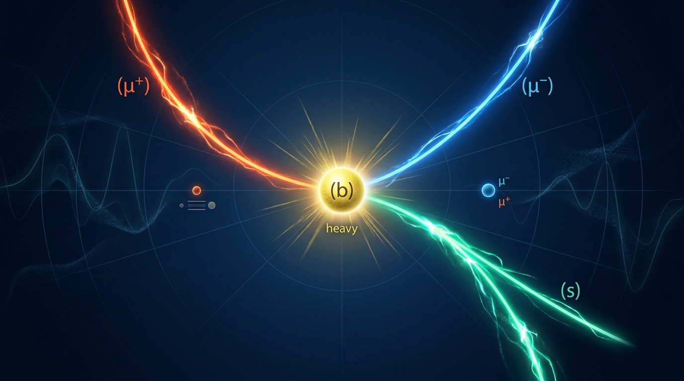 One in Ten Million Decays. In beauty-to-strange transitions (b→sμ+μ–), a beauty quark transforms into a strange quark and two muons. This rare transformation occurs roughly once in every ten million decays. Conceptual illustration.