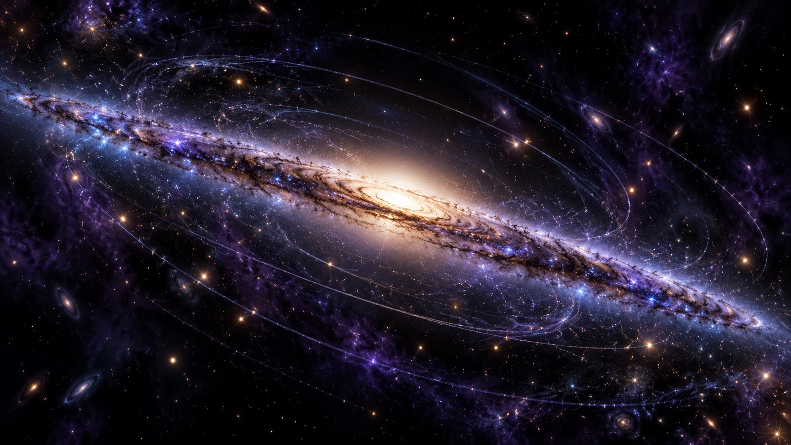 Conceptual stellar paths around a galaxy: motions provide clues about its gravitational mass.