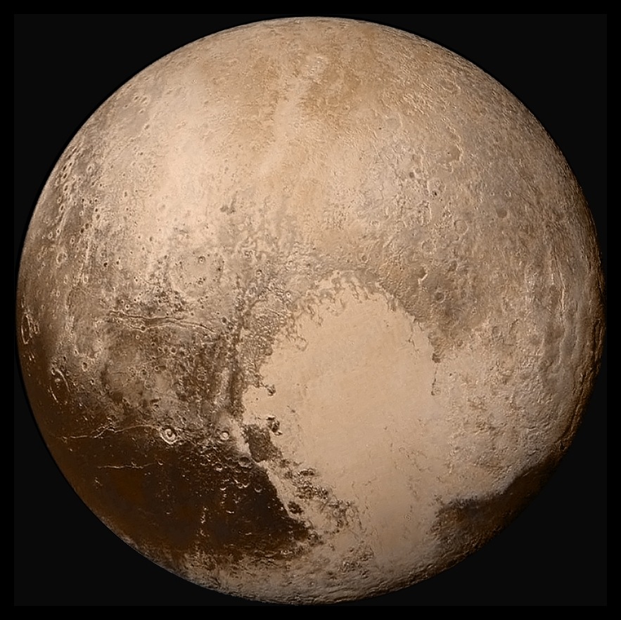 The Historic 2015 Flyby. Related source image: Global LORRI mosaic of Pluto in true colour