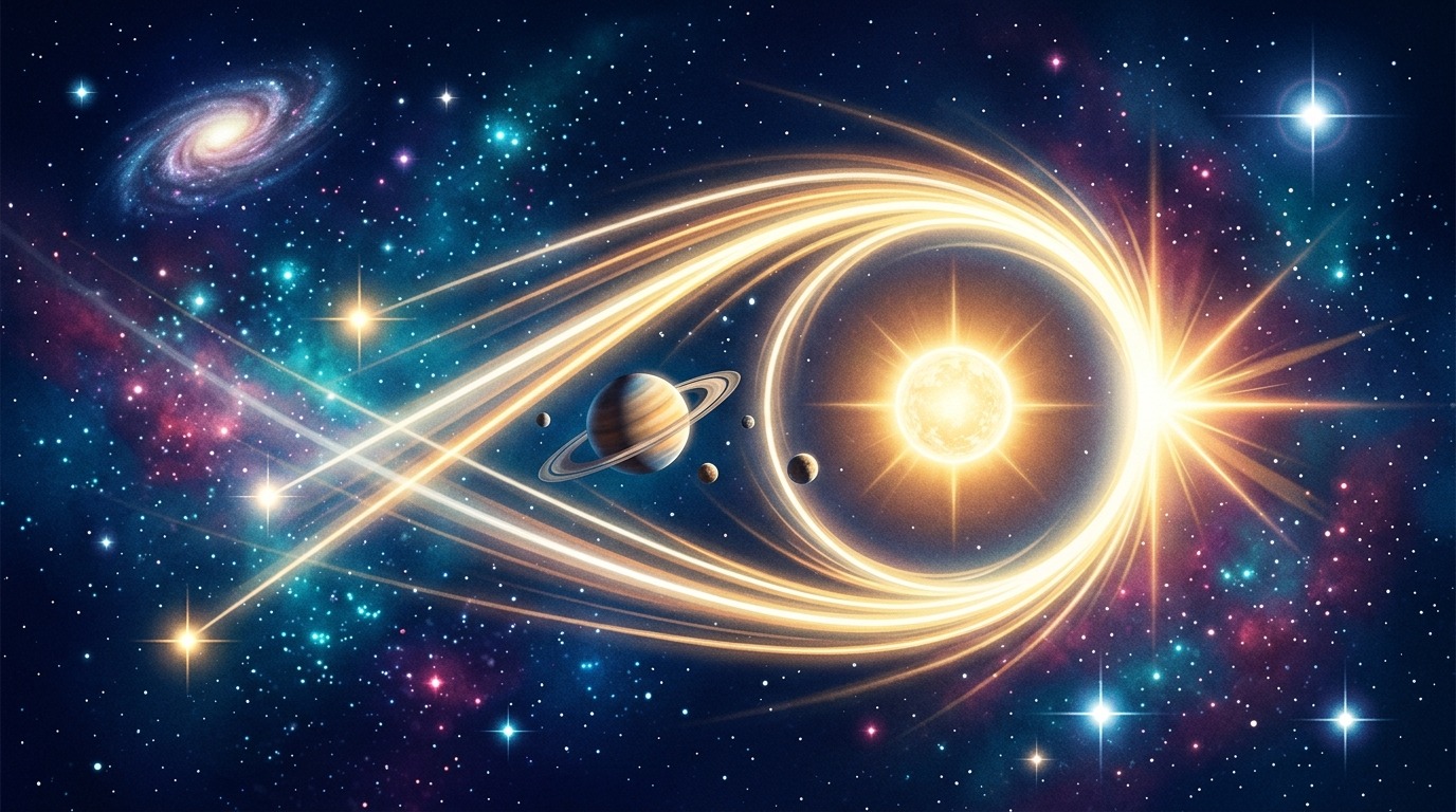 Gravitational Microlensing. Einstein showed that gravity bends light. When a foreground star and planet drift in front of a distant background star, their gravity magnifies starlight, creating distinctive light spikes. Conceptual illustration.