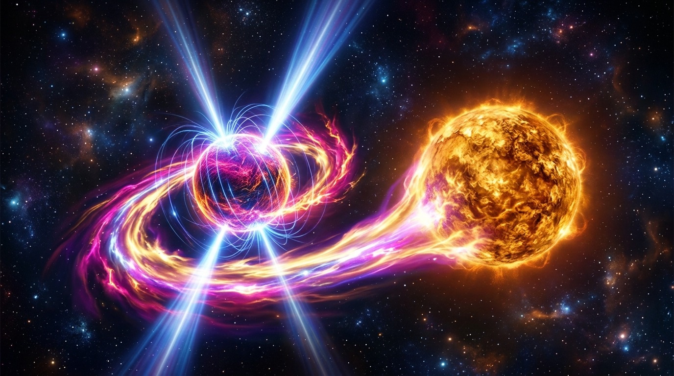 Rejuvenation and Spider Systems. Old pulsars slow down, but those paired with companion stars can siphon matter to spin back up into millisecond pulsars. Some 'spider' pulsars even heat and evaporate their companions. Conceptual illustration.