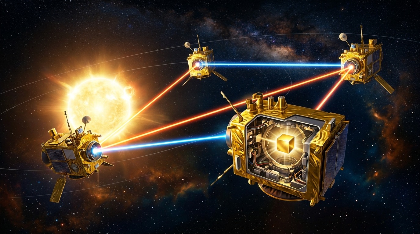 LISA: A Triangular Space Antenna. ESA's LISA mission will launch three spacecraft in the 2030s, forming a 2.5 million-kilometer laser triangle. By tracking free-floating golden test cubes, LISA will detect low-frequency inspirals and supermassive black hole captures from space. Conceptual illustration.