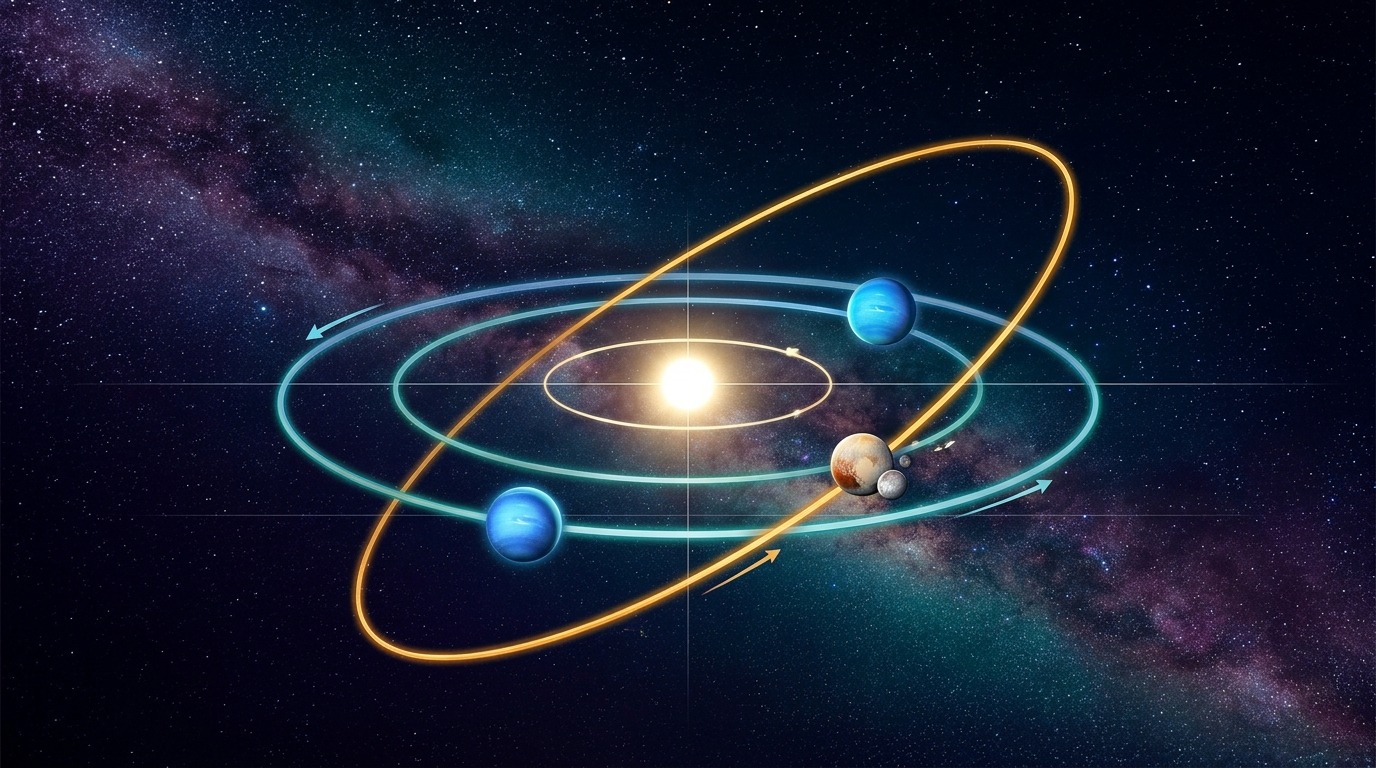 Why Pluto Was Reclassified. Pluto's tilted 248-year orbit crosses into the debris-rich Kuiper Belt and even brings it closer to the Sun than Neptune for periods, sharing its cosmic corridor with countless bodies. Conceptual illustration.