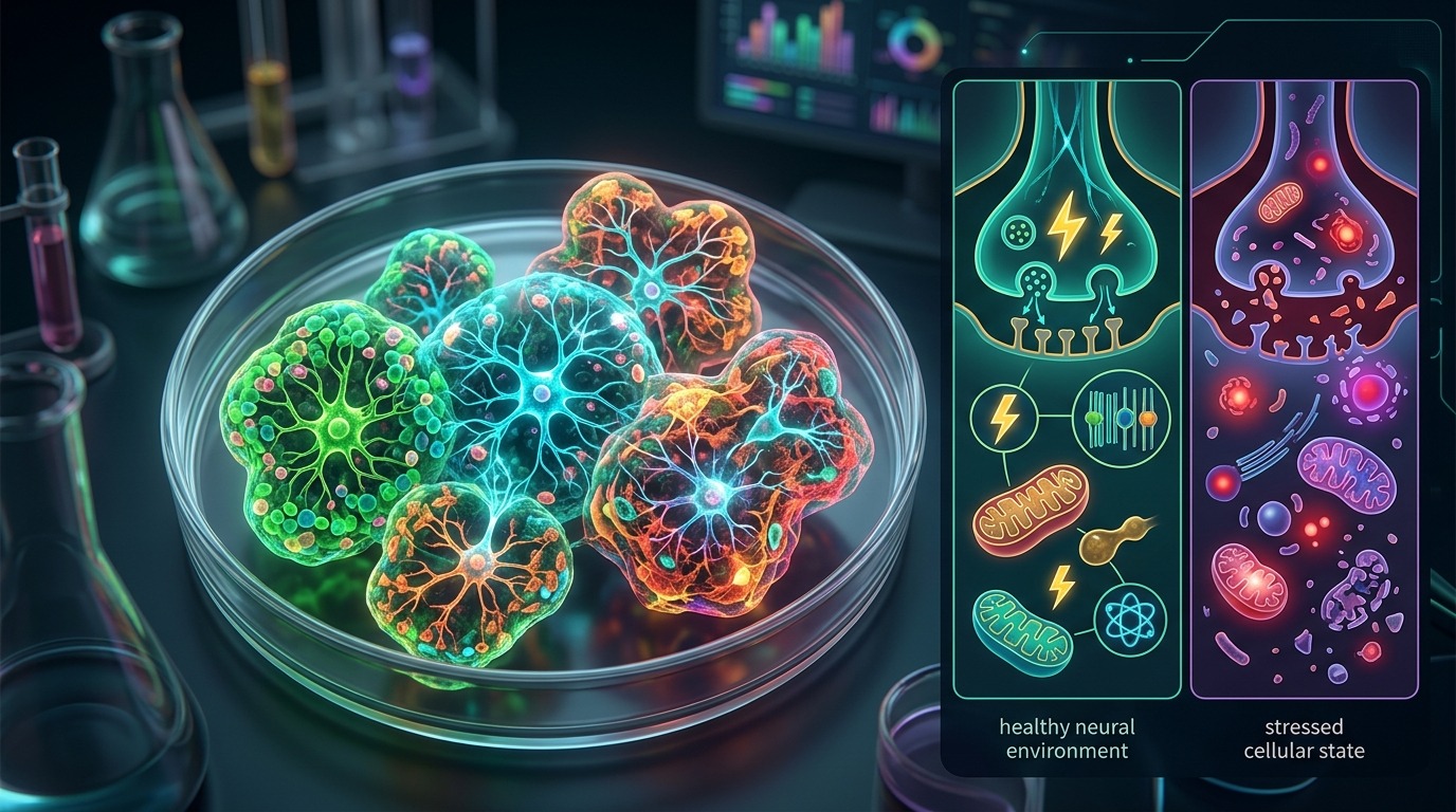 Mini-Brains in Microgravity. Lab-grown 3D human brain models spend five weeks in orbit to analyze how microgravity-induced stress affects neural tissues at the cellular level, safeguarding future deep-space crews. Conceptual illustration.