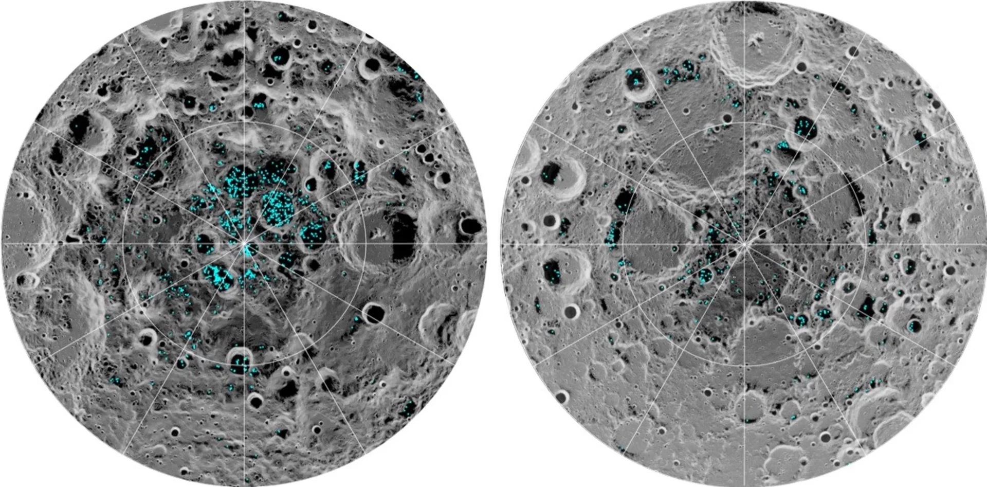 The Road to 2028 and Beyond. Related source image: The image shows the distribution of surface ice at the Moon's south pole (left) and north pole (right)