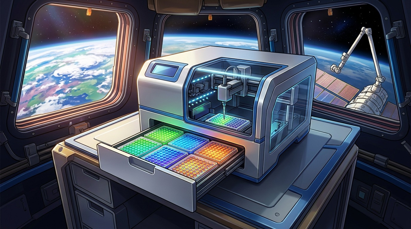 Real-Time Biomarker Diagnostics. Astronauts test a compact microplate reader to detect proteins, antigens, and antibodies directly in orbit, removing the need to freeze samples and wait for return flights to Earth. Conceptual illustration.