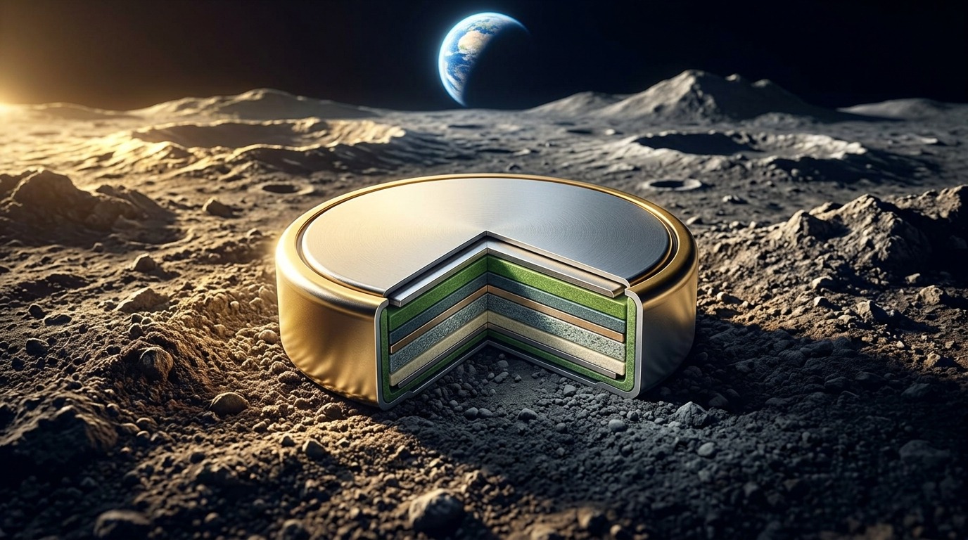 A vivid, high-resolution scientific illustration of a solid-state SPEARS coin-cell battery resting on a textured lunar regolith surface near the Moon's South Pole. Stark golden sunlight grazes crater rims against deep space, casting luminous reflections across the metallic casing and highlighting an inset cross-section revealing neat ceramic-polymer solid electrolyte layers.