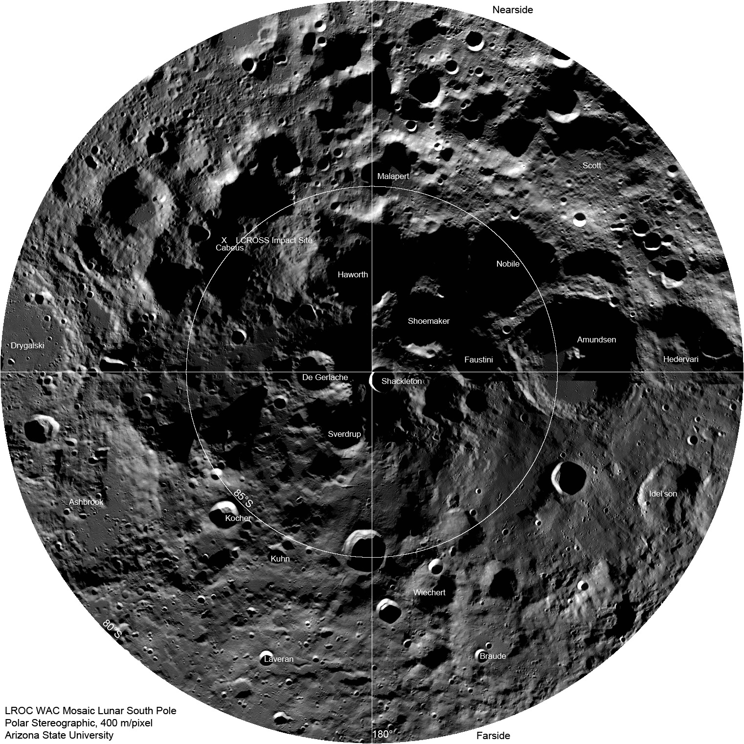 Artemis III: Low Earth Orbit Testing. Related source image: The Lunar South Pole (LROC237 - SP Mosaic 400m label)