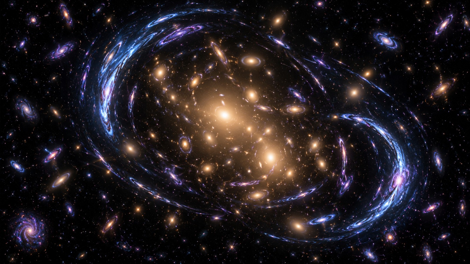 An artistic lensing scene shows distorted background light around a foreground galaxy cluster; it is not a measured reconstruction.