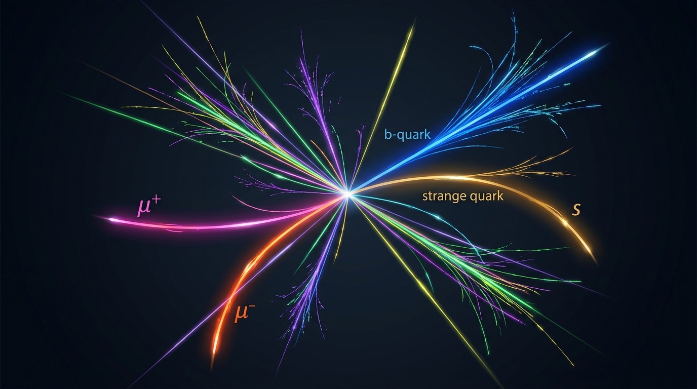 Artistic impression of a beauty quark decay into a strange quark accompanied by an oppositely charged muon-antimuon pair (b→sμ+μ–). High-energy collision tracks radiate from a central interaction point against a deep slate background, illuminated by vivid electric cyan, warm amber, and luminous magenta particle trajectories. Labeled clearly as an artistic concept of quantum flavour transitions.