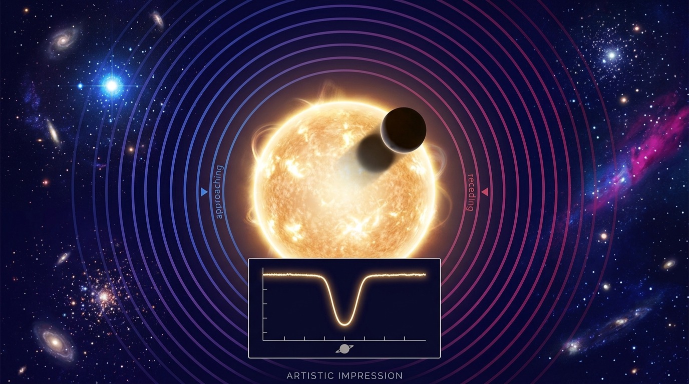 A vivid, high-contrast astronomical illustration depicting indirect exoplanet detection methods. In the center, a luminous Sun-like star radiates warm golden and white light, casting distinct optical rays. A dark silhouetted planet transits across its bright upper limb, with an inset glowing photometric curve tracing a sharp dip in brightness. On the opposite side, alternating blue-shifted and red-shifted spectral lines ripple outward into deep indigo space, demonstrating radial velocity shifts. The composition features rich, clean colors, crisp separation between stellar highlights and the surrounding cosmos, and clearly delineated scientific geometry. Artistic impression label included.