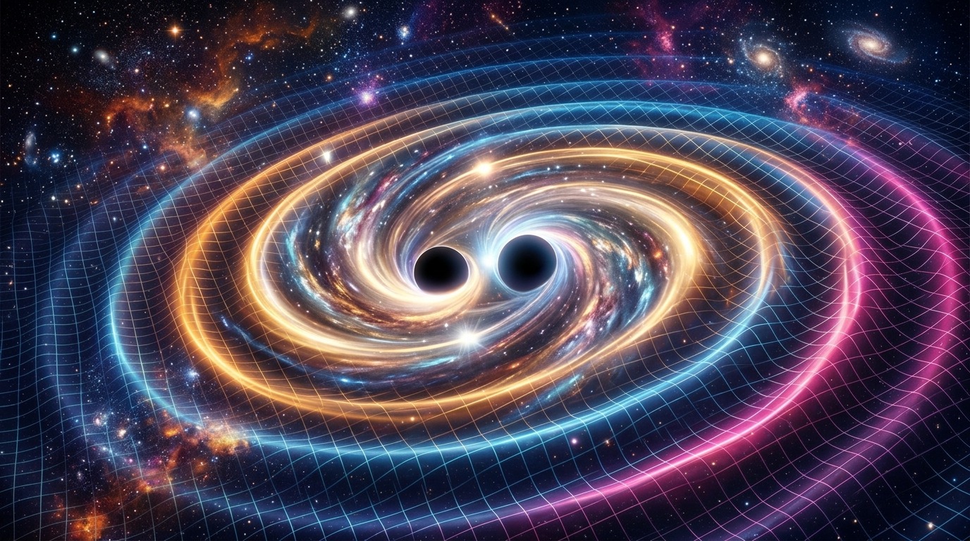 Artistic impression of two coalescing stellar-mass black holes distorting spacetime against a dynamic celestial field. The composition features high-contrast luminous amber and cerulean gravitational ripples radiating across an undulating spatial coordinate grid, framed by sharp lens flare highlights and clean separated midtones. No embedded text or false-color data overlays.