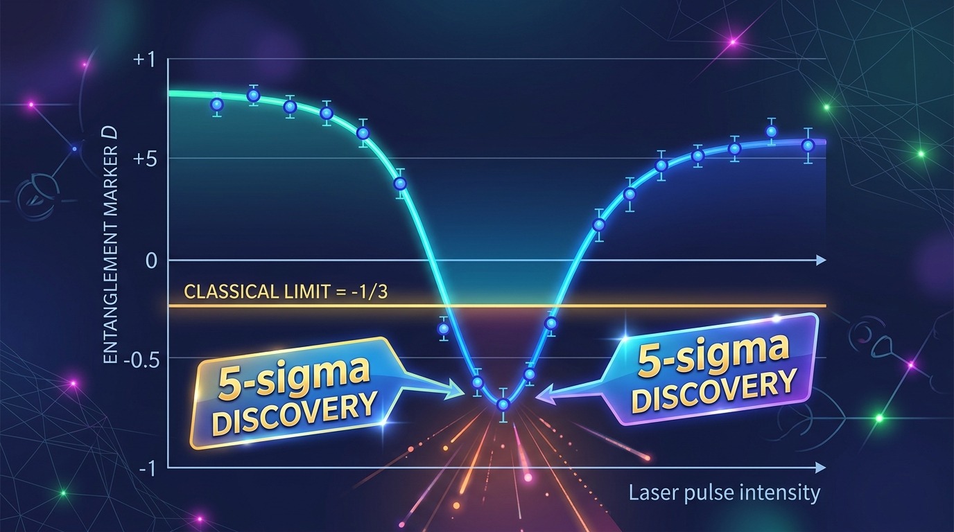 Five-Sigma Breakthrough. Both ATLAS and CMS detected top-quark spin entanglement at greater than 5 standard deviations, proving quantum weirdness endures under extreme relativistic conditions. Conceptual illustration.