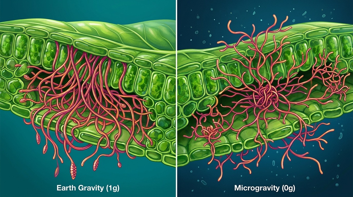 Defending Crops Against Fungal Disease. A specialized agricultural study investigates whether plant fungal infections progress more severely in microgravity, helping agronomists breed resilient crops for Earth and orbital farms. Conceptual illustration.
